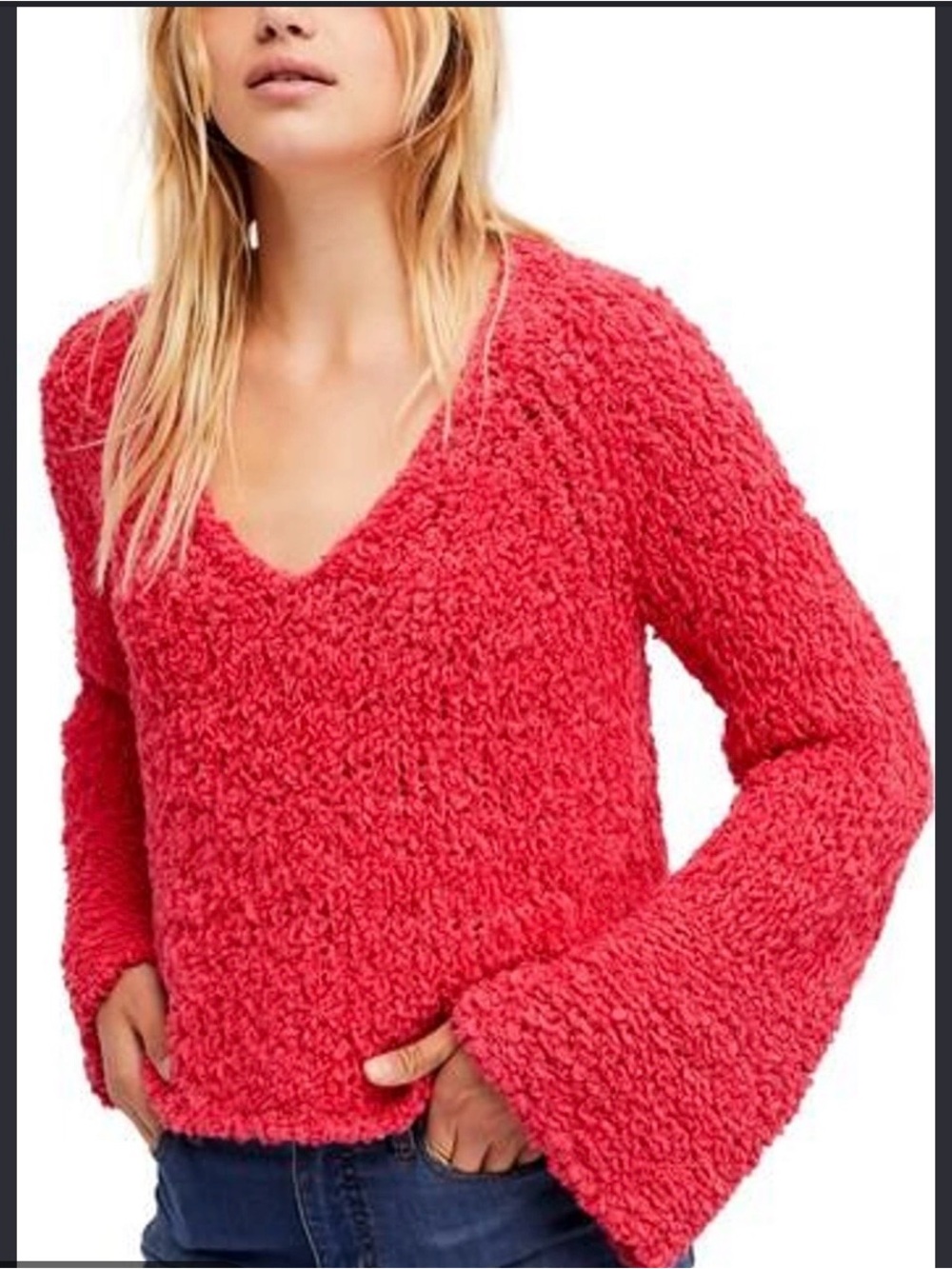 Free People Fuzzy Sand Dune Pull-over VNeck Chunky Knit Sweater Slouchy Oversize